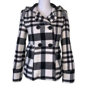 a.n.a Double Breasted Jacket with Hood Black & White Plaid Sz ML